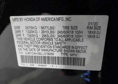 2020 Acura Mdx Standard from USA, damaged, VIN 5J8YD4H36LL019069
